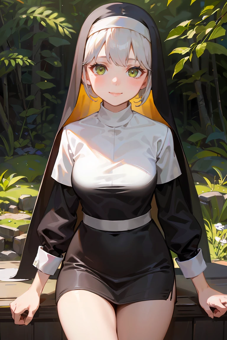 masterpiece, best quality, highly detailed background, perfect lighting, best quality, (extremely detailed face), volumetric lighting, intricate details, shadow, tonemapping, sharp focus, hyper detailed, trending on Artstation, (solo), ((Looking at the viewer)), (White hair), ((thin)), ((green eyes)), ((nun)), ((dressed as a nun)), ((nun's long skirt)), ((delicate)), ((thin and fine figure)), ((elegant)), ((smile)), (blush) ((in the forest)) ((dressed all in black))