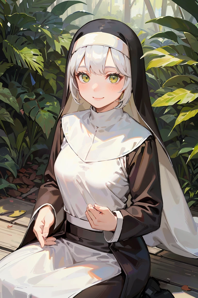 masterpiece, best quality, highly detailed background, perfect lighting, best quality, (extremely detailed face), volumetric lighting, intricate details, shadow, tonemapping, sharp focus, hyper detailed, trending on Artstation, (solo), ((Looking at the viewer)), (White hair), ((thin)), ((green eyes)), ((nun)), ((dressed as a nun)), ((nun's long skirt)), ((delicate)), ((thin and fine figure)), ((elegant)), ((smile)), (blush) ((in the forest)) ((dressed all in black))
