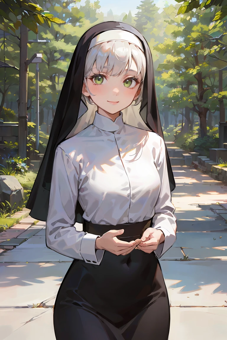 masterpiece, best quality, highly detailed background, perfect lighting, best quality, (extremely detailed face), volumetric lighting, intricate details, shadow, tonemapping, sharp focus, hyper detailed, trending on Artstation, (solo), ((Looking at the viewer)), (White hair), ((thin)), ((green eyes)), ((nun)), ((dressed as a nun)), ((nun's long skirt)), ((delicate)), ((thin and fine figure)), ((elegant)), ((smile)), (blush) ((in the forest)) ((dressed all in black))