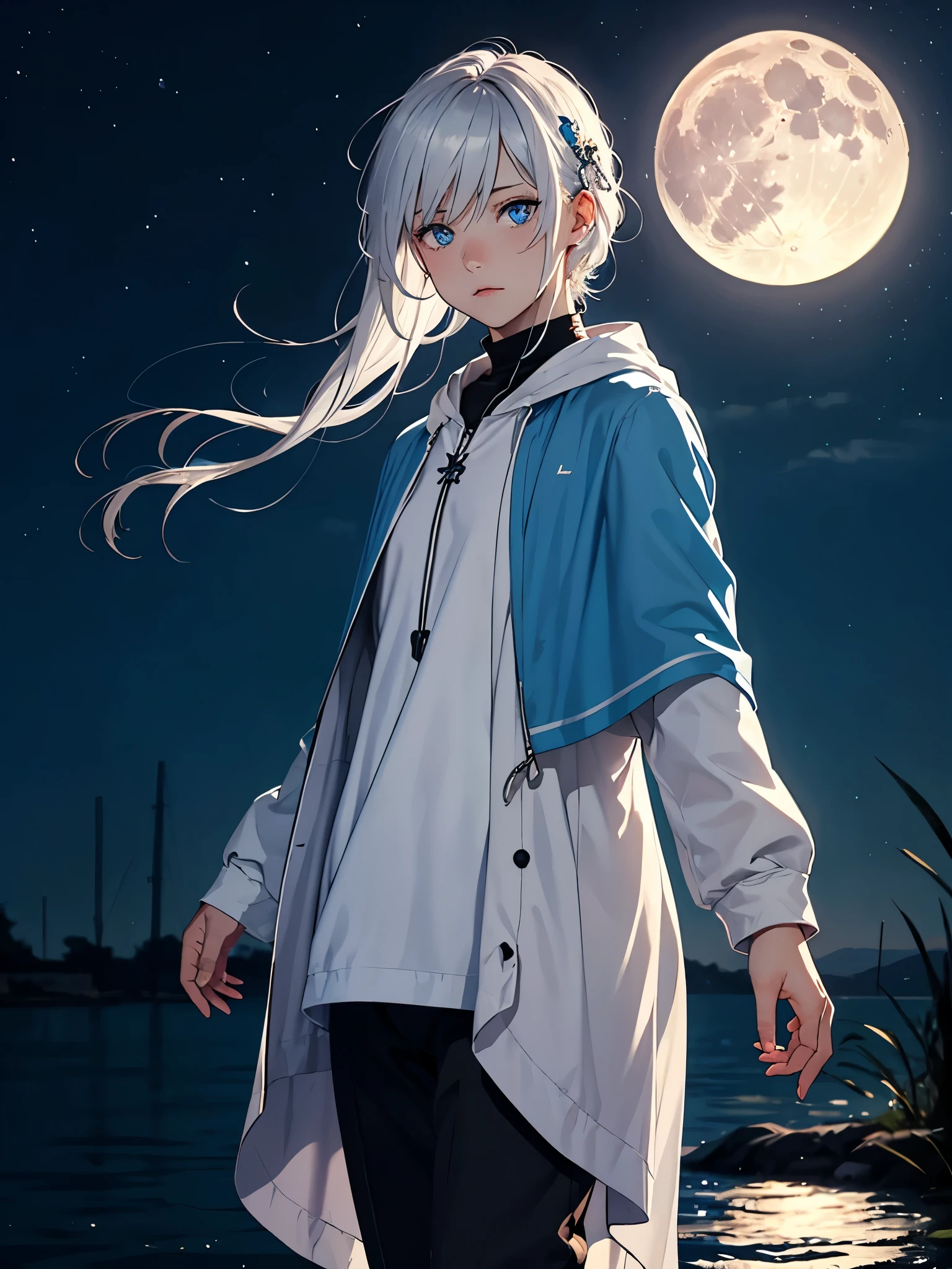 Moderne Jacke. LANGE HAARE!! Blaues licht. Lange haare. Leuchtend. Hell. Sterne. Sehr Lange haare. Mehr anime. aquatic, boy, Goddess of the Moon, silver hair accessories, White hair, White dress, cape, at night, saturated colors, light eyes, bright, light blue light, blue eyes, Jewelry silver, bluish light, Full moon in the background, aquatic in der Luft rosa kerzen