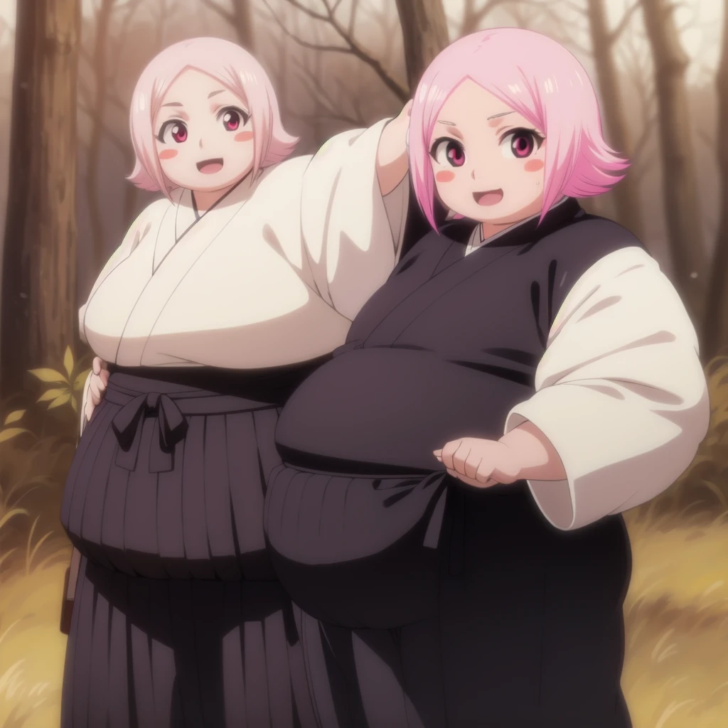 yachirukusajishi, yachiru kusajishi, short hair, pink hair, (pink eyes:1.5), blush stickers, open mouth, forehead,
BREAK long sleeves, japanese clothes, hakama, black hakama,
BREAK outdoors,
BREAK looking at viewer, (cowboy shot:1.5),
BREAK (masterpiece:1.2), best quality, high resolution, unity 8k wallpaper, (illustration:0.8), (beautiful detailed eyes:1.6), extremely detailed face, perfect lighting, extremely detailed CG, (perfect hands, perfect anatomy),  standing, smile, blush, solo, 1girl, SSBBW yachiru kusajishi, big cheeks, ssbbw, severely obese ,600lbs obese female, no pupils, ultra detailed, masterpiece, best quality, aesthetic, detailed, Fluffy and Fat Face, Big Butt, Big Cheeks, Obese Body, Sexy, Obese Girl, oddeye, Happy, Cute Expression, Very Hot, bbwchan, nsfw, manhwa, oppai proportions, she has a jiggly fat round belly, body swelling about to explode, thicc, with a large breasts, doujin