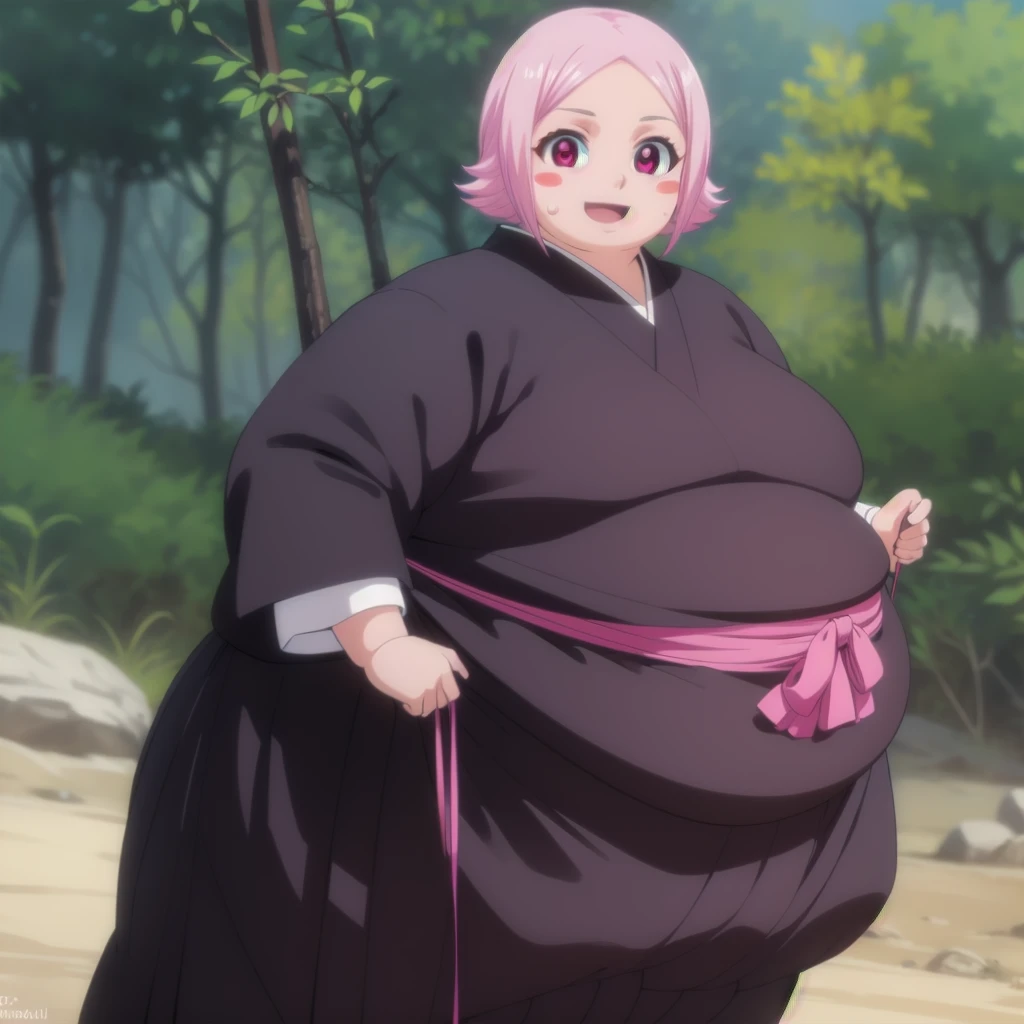 yachirukusajishi, yachiru kusajishi, short hair, pink hair, (pink eyes:1.5), blush stickers, open mouth, forehead,
BREAK long sleeves, japanese clothes, hakama, black hakama,
BREAK outdoors,
BREAK looking at viewer, (cowboy shot:1.5),
BREAK (masterpiece:1.2), best quality, high resolution, unity 8k wallpaper, (illustration:0.8), (beautiful detailed eyes:1.6), extremely detailed face, perfect lighting, extremely detailed CG, (perfect hands, perfect anatomy),  standing, smile, blush, solo, 1girl, SSBBW yachiru kusajishi, big cheeks, ssbbw, severely obese ,600lbs obese female, no pupils, ultra detailed, masterpiece, best quality, aesthetic, detailed, Fluffy and Fat Face, Big Butt, Big Cheeks, Obese Body, Sexy, Obese Girl, oddeye, Happy, Cute Expression, Very Hot, bbwchan, nsfw, manhwa, oppai proportions, she has a jiggly fat round belly, body swelling about to explode, thicc, with a large breasts, doujin