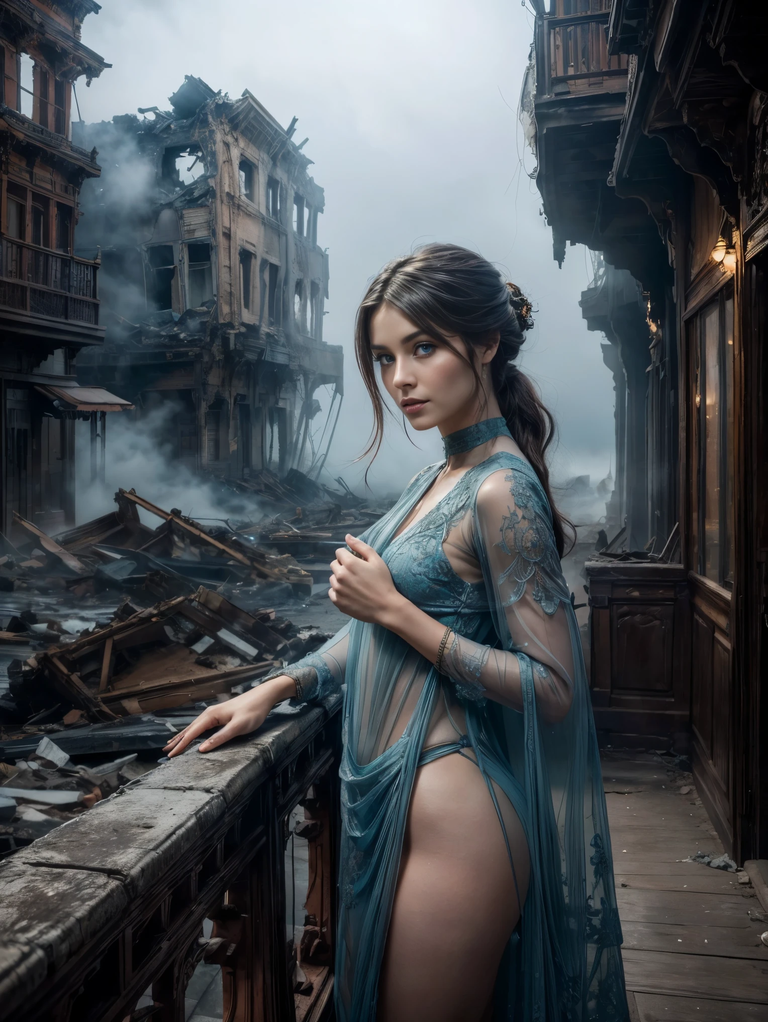 8k, full-body shot taken from the side of beautifull cortana, (red, intricate, sheer, transparent, translucent, skintight cloth), intricate, beautifull face, her skin should be pale and flawless, With a touch of transcendental beauty, she Should express Calm Confidence, (she is standing on the bridge of an old town, (Just a hint of fog covering the destroyed town)), highly detailed, digital hyperrealistic photography, hyperrealistic photography filigree, shyness, most beautyfull face, masterpiece, sidelighting, (finely detailed beautifull blue eyes: 1.2)