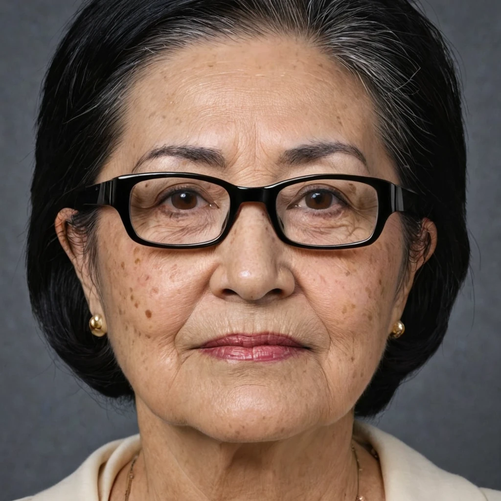 Actual age: 60, black hair, two-block side to back, ptosis on the left eye, round glasses, age spots, small chin, sagging skin,