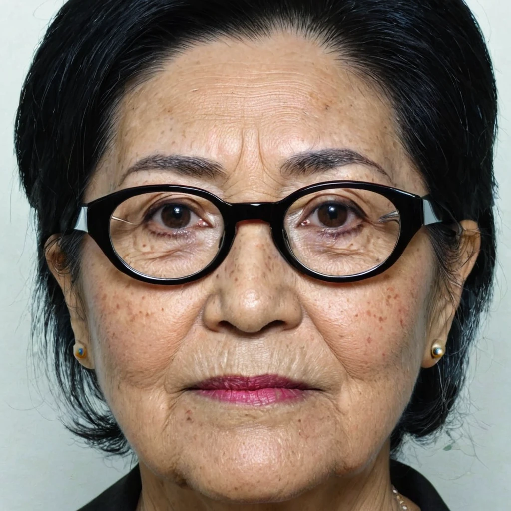 Actual age: 60, black hair, two-block side to back, ptosis on the left eye, round glasses, age spots, small chin, sagging skin,