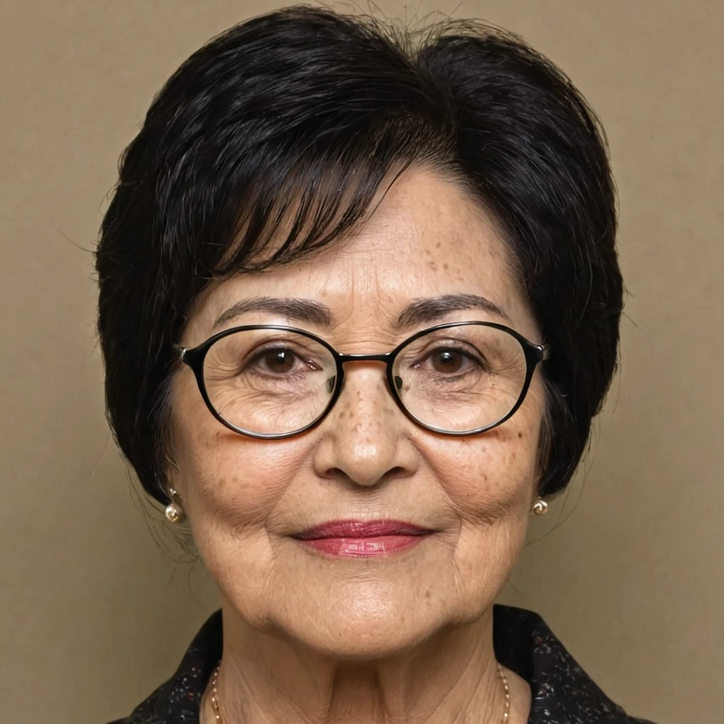 Actual age: 60, black hair, two-block side to back, ptosis on the left eye, round glasses, age spots, small chin, sagging skin,