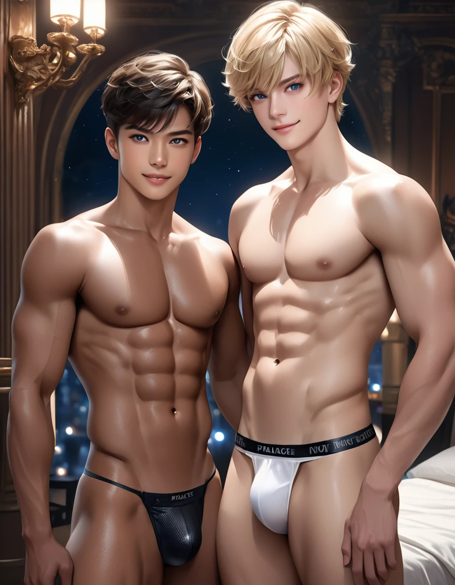 high quality, detailed, Realistic,(2boys:1.5), (17 years old tanned idol boys), (detailed blue eyes), (blond short hair), (abs), (tanned dark brown skin), night palace bedroom, (black tiny thong), (bulge), (detailed nipples), detailed areola,best quality,4k,8k,highres,masterpiece:1.2),ultra-detailed,(realistic,photorealistic,photo-realistic:1.37), looking at viewer,smirk,face close up, --no watch,