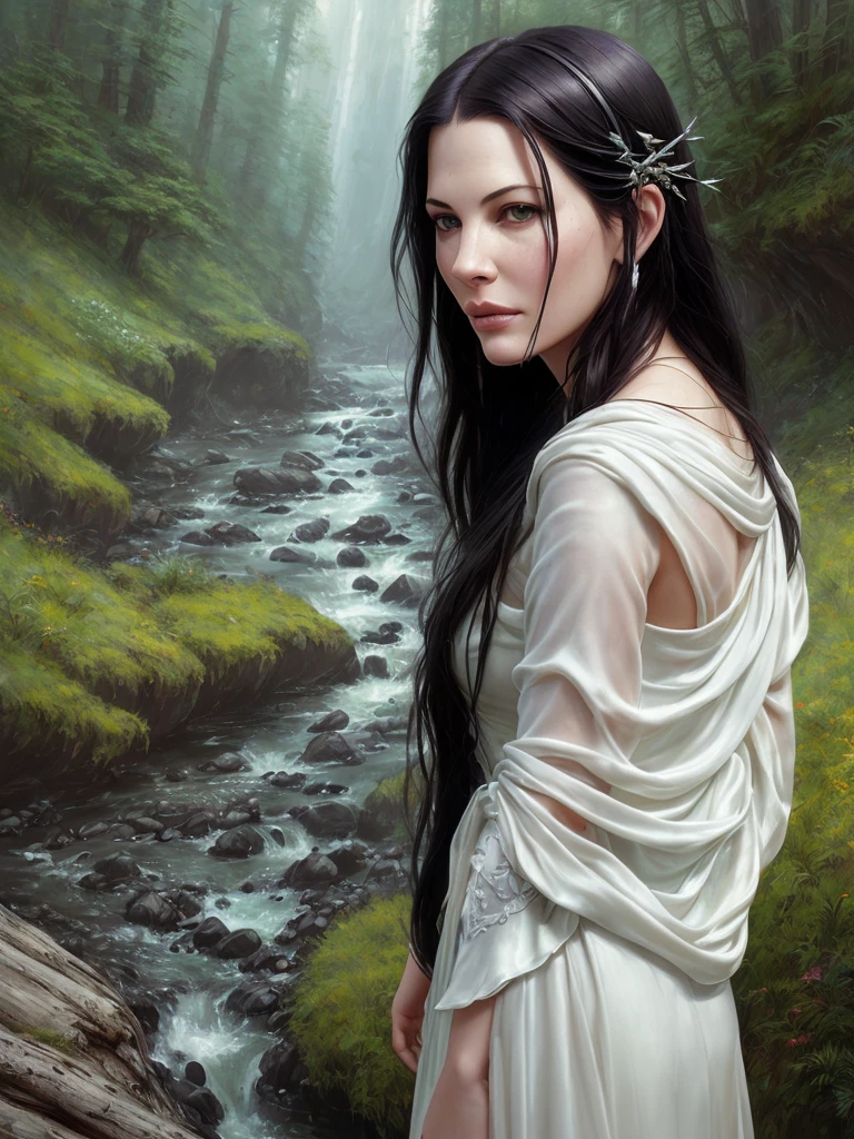 High definition RAW color art, animation, White skin, (((Liv Tyler(Arwen)))), Crossing the River, Sequoia Forest, Portraiture, Fairy, ((Manga style)), ((Lord of the Ring)), Silver Tiara, (Graceful and beautiful face), (Purple silk elven dress), ((Long black hair)), (Detailed skin, Skin Texture), Fairy, Magical atmosphere, (logic), Moss rock
(Detailed skin, Skin Texture), Exquisitely crafted, Fine details, Ultra-detailed, Ray Tracing,
Atey Gailan, Jeremy Mann, Greg Manchess, Antonio Moro, Trending on Art Station, Trending on CGSociety, Complex, High detail, Sharp focus, dramatic, Photorealistic paintings by Midjourney and Greg Rutkowski, Background blur