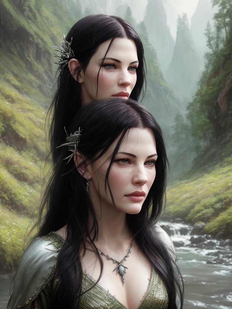 High definition RAW color art, animation, White skin, (((Liv Tyler（Arwen）))), Crossing the River, Sequoia Forest, Portraiture, Fairy, ((Manga style)), ((Lord of the Ring)), Silver Tiara, (Graceful and beautiful face), (Purple silk elven dress), ((Long black hair)), (Detailed skin, Skin Texture), Fairy, Magical atmosphere, (logic), Moss rock

(Detailed skin, Skin Texture), Exquisitely crafted, Fine details, Ultra-detailed, Ray Tracing, 
Atey Gailan, Jeremy Mann, Greg Manchess, Antonio Moro, Trending on Art Station, Trending on CGSociety, Complex, High detail, Sharp focus, dramatic, Photorealistic paintings by Midjourney and Greg Rutkowski, Background blur