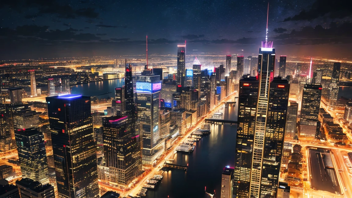 View from the airship cabin, Night view of skyscrapers, (Ultra-high resolution,8K),Fantasy, The world of picture books, (Highest quality), Super detailed, Outstanding Image, (Photorealistic)
