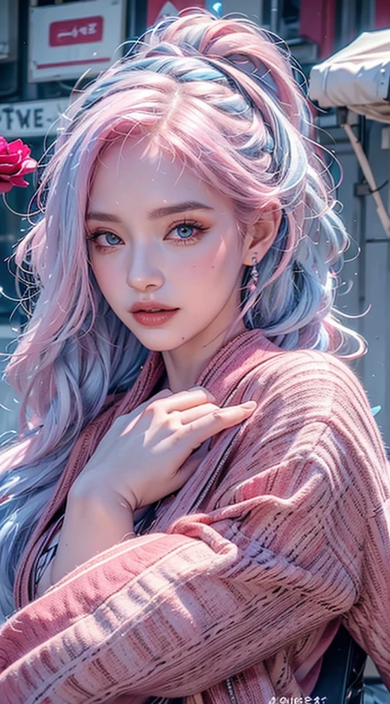 highly detailed, seductive erotic female is sweating,  covered in rose pedals, (busty, pink/blue hair), centered on the face, face focused, intricate eyes,