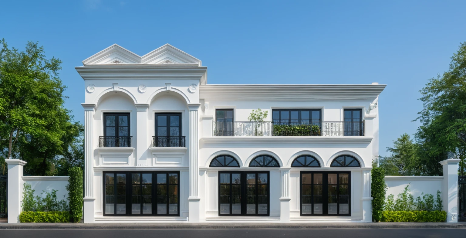 neo classical villa on street, (daylight), tropical tree, vivid colour, streetcapes, white tone, nice detail, white wall, large glass door, warm interior lighting, best quality, masterpiece, ultra realistic
