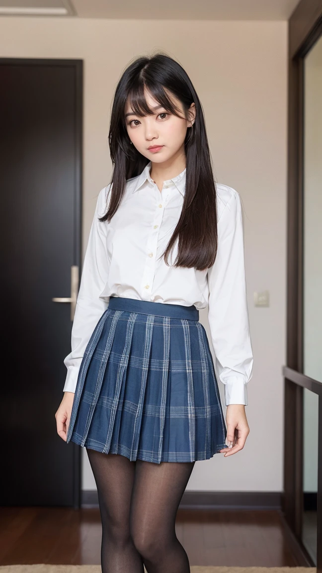 (((8K、High resolution、Highest quality、High resolution)))alone、Natural body shape、White skin、Natural Makeup、((Black Hair、bangs、Straight Long Hair))、((()))、、(:1.4)、(())、(((((Full body photo)))))、(((Looking into the camera)))、(((Wear a uniform on the upper body)))、Bedroom、(((Of high school))) 、((white collared long sleeve blouse))、((Beige cardigan))、((Pleated skirt with dark blue plaid pattern、mini skirt、Ultra-realistic pantyhose))、、、Expressionless、((Exposing thighs))