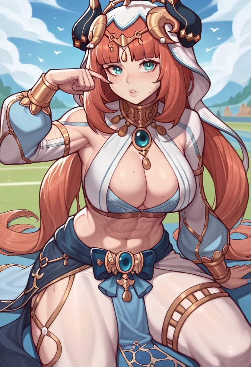 _asura style, nilou (genshin impact), 1girl, solo, muscular, sport woman, cleavage, looking at viewer, large breasts