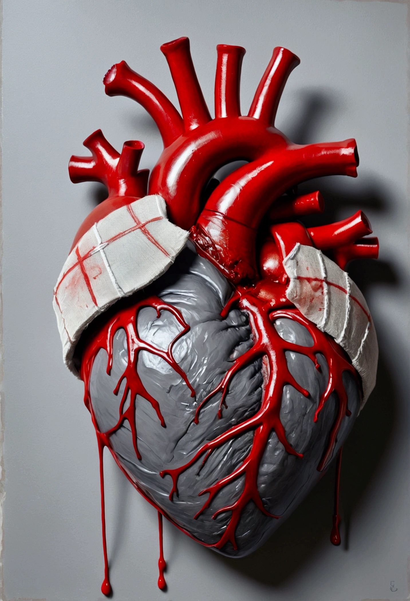 Painting of a grey real human heart with bandages that are bleeding with red blood.