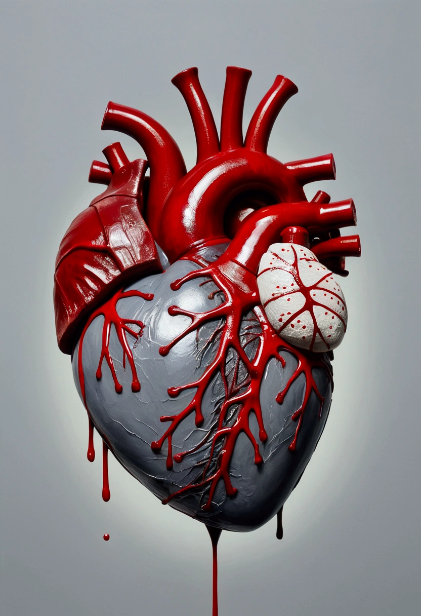 Painting of a grey real human heart with bandages that are bleeding with red blood.