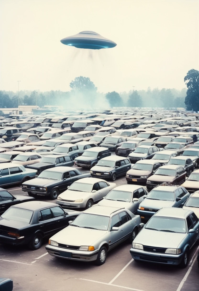 Black UFO crashed into the parking lot,Neatly arranged with many cars,Blurry Polaroid photo,Surreal Photography