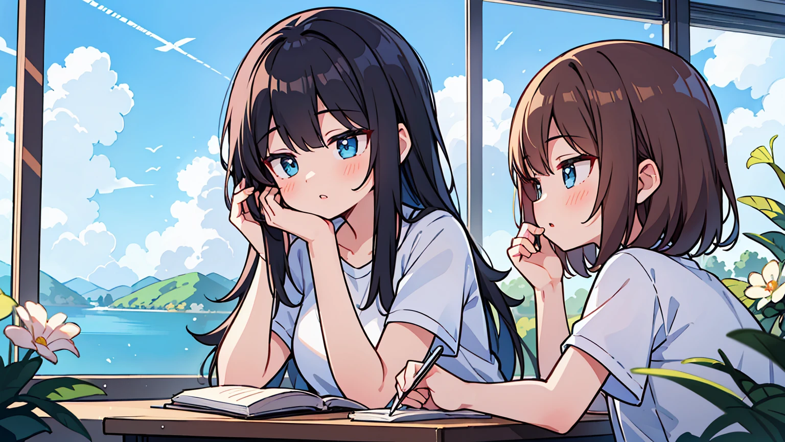 (masterpiece, best quality),2 women, flower, long hair, outdoors, letterboxed, , afternoon, sky, looking for, short sleeve, chapped lips, shirt, cloud, black hair, sunlight, white shirt, angel, upper body, from the side, pink flower, haziness, brown hair, blue sky, depth of field ,Huge lake outside the glass window, cafe, study at desk, together