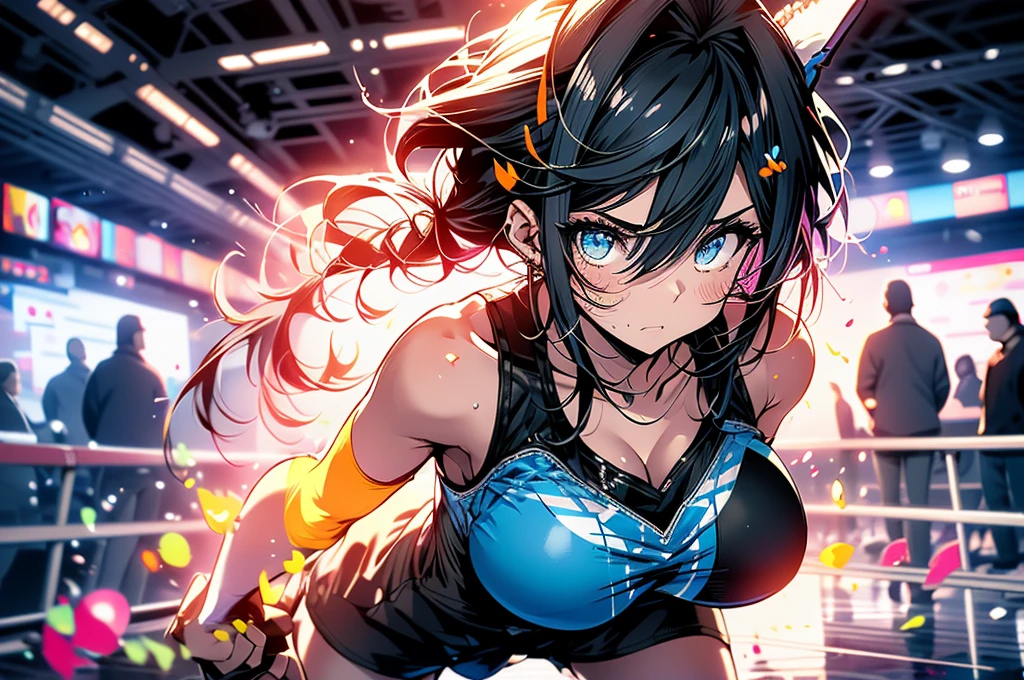 Create an illustration of a young kangaroo-human hybrid girl with a cute appearance. She wears a sporty outfit, including a tank top and shorts, and her clothing features pouches reminiscent of a kangaroo’s. The background is set in a boxing ring or a training gym, emphasizing her athletic nature, and incorporates fractal art elements with a colorful and pop aesthetic.
Her accessories include boxing gloves, showcasing her strength and athleticism. She is depicted in a dynamic pose, either mid-jump or mid-kick, highlighting her agility. Her expression is slightly worried or determined, reflecting her nervous yet lovable personality.
Additional features include soft, short hair that complements her cute and athletic look, slightly elongated ears blending human and kangaroo traits, and a tail visible behind her, perhaps slightly curled or in motion to show her alertness.