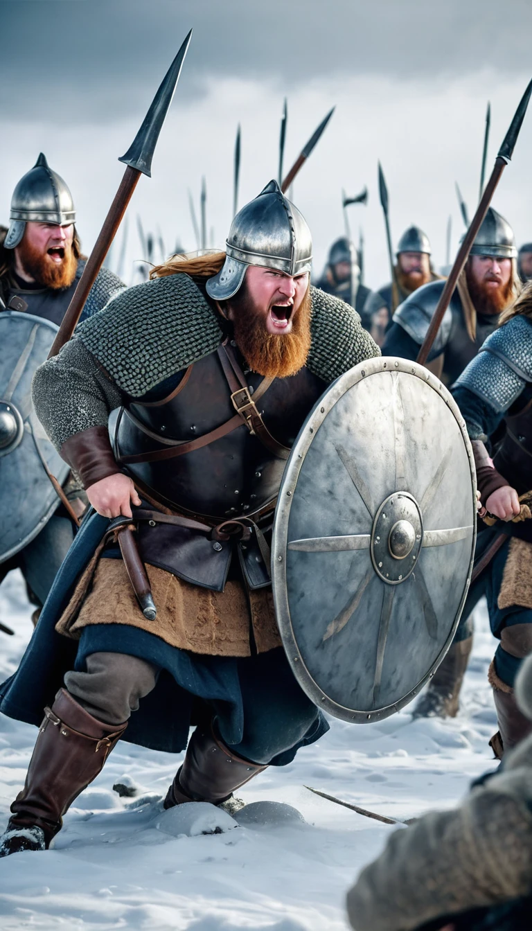 Vikings engaged in a fierce battle on a snowy battlefield, shields raised. chyper realistic