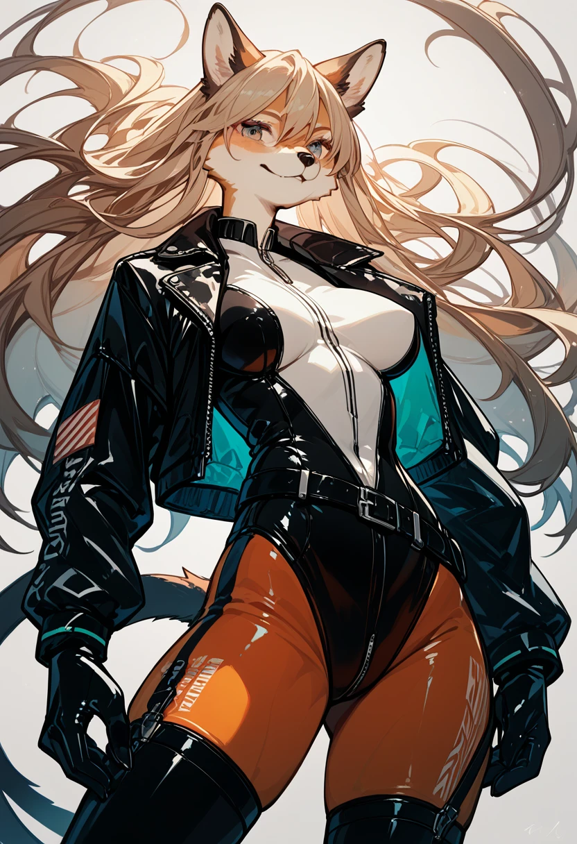 Highest quality, Highest quality, High quality illustrations, masterpiece, Ultra-high resolution, Detailed Background, cyber-, Absurd, Perfect Anatomy, performance, Good lighting, Shadows in the movies(kemono, Furry Personifi猫ion), Rubber suit, latex, neon, neonライト, neonカラー, Bodysuits, Plug Suit, cyber-スーツ, Leather Half Jacket, belt