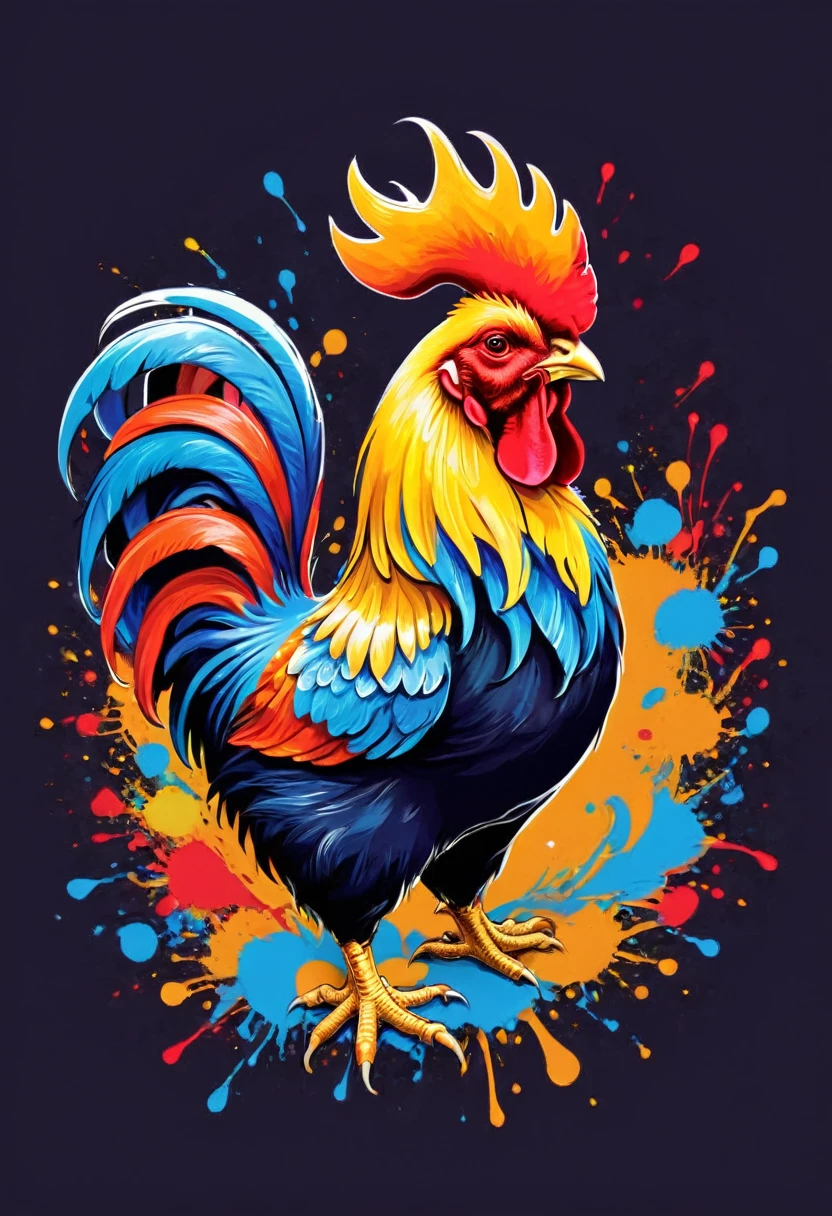 A t-shirt with vector art of a colorful Barcelos rooster illustration , At the center, swirly vibrant colors, paint splashes and smears, high détail, t-shirt designs
(artwork, best quality, proffesional, perfect composition, very aesthetic, absurdrez, super verbose, Intricate details:1.3)