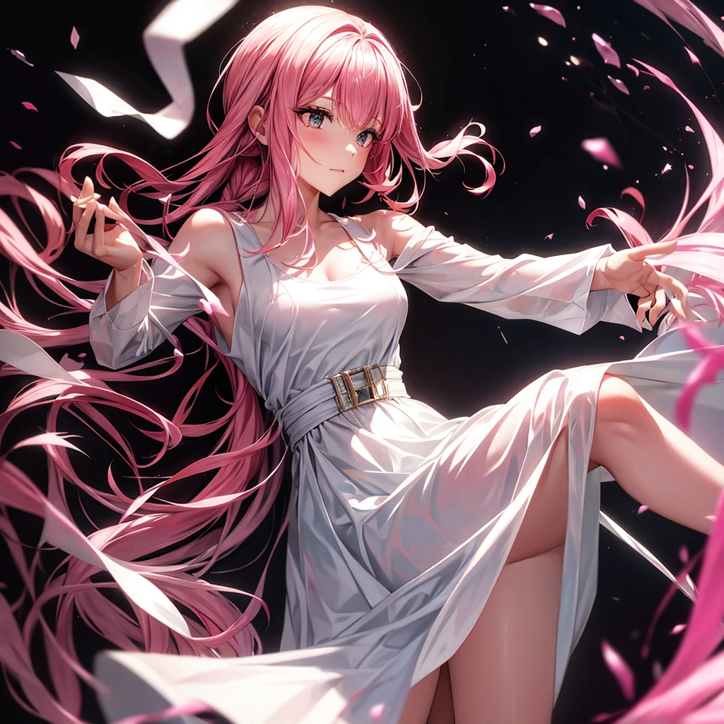 Pink hair, white dress, black eyes,