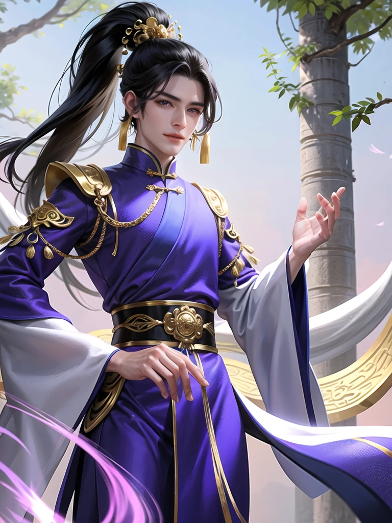 Young man in ancient Chinese clothing A handsome young man wearing a dark purple traditional Chinese costume. Contrasting with the pure white half mask His jet black hair was pulled back into a ponytail. Revealing a handsome face Beautiful purple eyes sparkling like a goddess. His smile was warm. full of charm His gaze was determined. full of energy His eyes swept around. A place with elegance More details:
* His traditional Chinese clothing was luxurious and exquisite, decorated with intricate gold embroidery.
* A white half mask covers the lower part of the face. Add mystery and find it interesting.
* His jet black hair was smooth and straight. Revealing a perfect oval face
* His violet eyes were sparkling. full of charm
* His smile was bright, warm, and kind.
* His posture was dignified, confident, full of energy.
* His eyes were focused, intent on the atmosphere.:
A young man stood amid a garden of colorful flowers. The air was fresh and sweet, and the sounds of birds singing lullabies. The surrounding atmosphere looks calm and cool.:
The young man felt happy, calm, relaxed. He was enjoying nature.