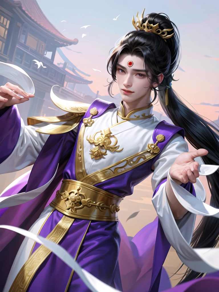 Young man in ancient Chinese clothing A handsome young man wearing a dark purple traditional Chinese costume. Contrasting with the pure white half mask His jet black hair was pulled back into a ponytail. Revealing a handsome face Beautiful purple eyes sparkling like a goddess. His smile was warm. full of charm His gaze was determined. full of energy His eyes swept around. A place with elegance More details:
* His traditional Chinese clothing was luxurious and exquisite, decorated with intricate gold embroidery.
* A white half mask covers the lower part of the face. Add mystery and find it interesting.
* His jet black hair was smooth and straight. Revealing a perfect oval face
* His violet eyes were sparkling. full of charm
* His smile was bright, warm, and kind.
* His posture was dignified, confident, full of energy.
* His eyes were focused, intent on the atmosphere.:
A young man stood amid a garden of colorful flowers. The air was fresh and sweet, and the sounds of birds singing lullabies. The surrounding atmosphere looks calm and cool.:
The young man felt happy, calm, relaxed. He was enjoying nature.