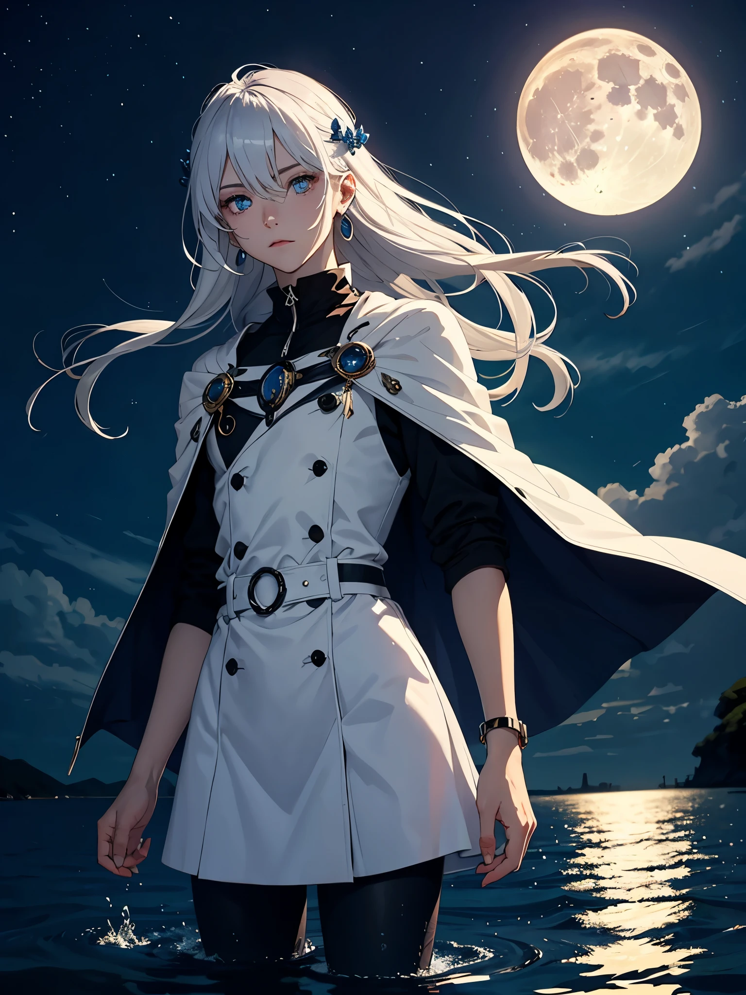 Moderne Jacke. LANGE HAARE!! Blaues licht. Lange haare. Leuchtend. Hell. Sterne. Sehr Lange haare. Mehr anime. aquatic, boy, Goddess of the Moon, silver hair accessories, White hair, White dress, cape, at night, saturated colors, light eyes, bright, light blue light, blue eyes, Jewelry silver, bluish light, Full moon in the background, aquatic in der Luft rosa kerzen