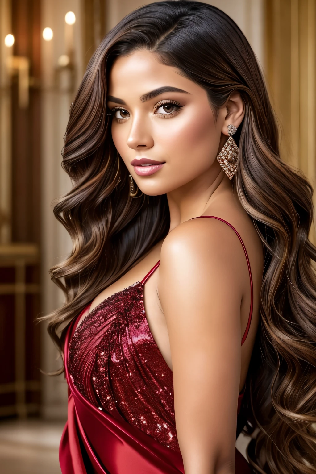 In this stunning, real-life image, captured in breathtaking 8K UHD resolution, we present a panoramic angle of Jupiter Jones, the iconic character from the film "Jupiter Ascending." Her extra-long, dark brown hair cascades down in mesmerizing waves, layered with luxurious balayage highlights that transition seamlessly from blonde to vibrant wine red. The curved bangs frame her unique "potato nose," adding a touch of charm to her elegantly dynamic pose.
Jupiter is draped in an extravagant red ensemble, the epitome of sophistication and opulence. The satin fabric is adorned with intricate