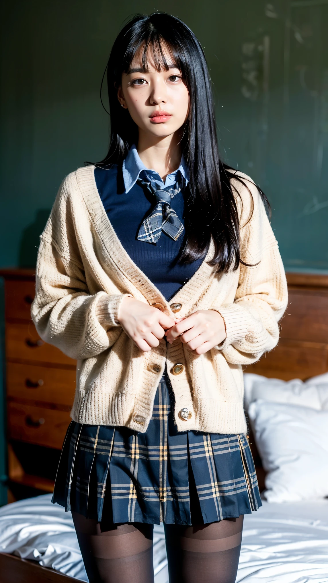 (((8K、High resolution、Highest quality、High resolution)))alone、Natural body shape、White skin、Natural Makeup、((Black Hair、bangs、Straight Long Hair))、((()))、、(:1.4)、(())、(((((Full body photo)))))、(((Looking into the camera)))、(((Wear a uniform on the upper body)))、Bedroom、(((Of high school))) 、((white collared long sleeve blouse))、((Beige cardigan))、((Pleated skirt with dark blue plaid pattern、mini skirt、Ultra-realistic pantyhose))、、、Expressionless、((Exposing thighs))