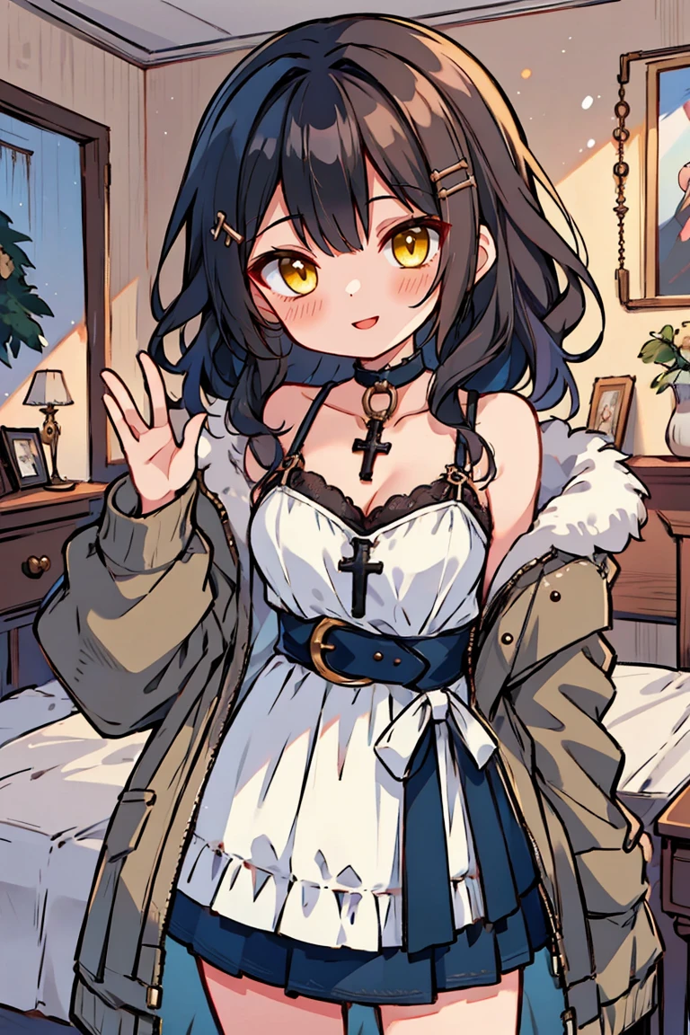 (masterpiece:1.2), (high quality:1.2), (hui xiyi:0.7), rekkyo sensen, rekkyou sensen, girls with((1girl, solo, black hair, yellow eyes, short eyebrow, (wavy medium hair, one side up:1.55), blush, breasts, choker, cleavage, coat, cowboy shot, blue rose dress, , micro bikini with delicate print, stomach tattoo, tattoo, navel, collar, collarbone, rosary, rosary choker, cross, fur, khaki hoodie, green hoodie, hood down, hooded coat, hooded jacket, hoodie, jacket, large breasts, long hair, long sleeves, medium breasts, open clothes, open coat,open hoodie, sleeveless, winter clothes, zipper, cleavage, upper body, (hand up:1.3), waving, palm)), background with((bedroom, room:2.0))