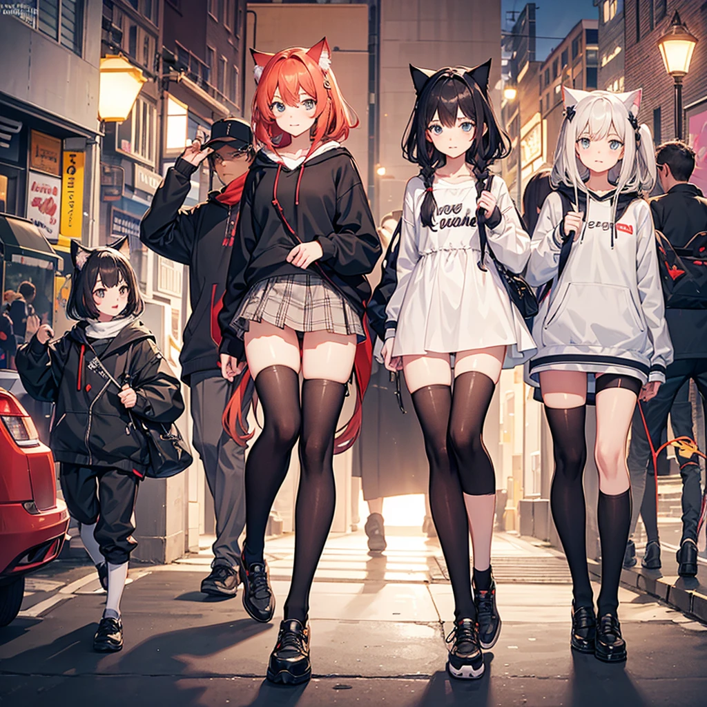 Only one person depicted,One Cat Ear Girl,Little teenage girl,Cat's Tail,Beautiful design,Delicate character design,Red Dress,Long skirt,An attractive dress with a wide open back,Red elbow-length gloves,White brick castle,Starry castle balcony,Illuminated by the moonlight,Shy smile,