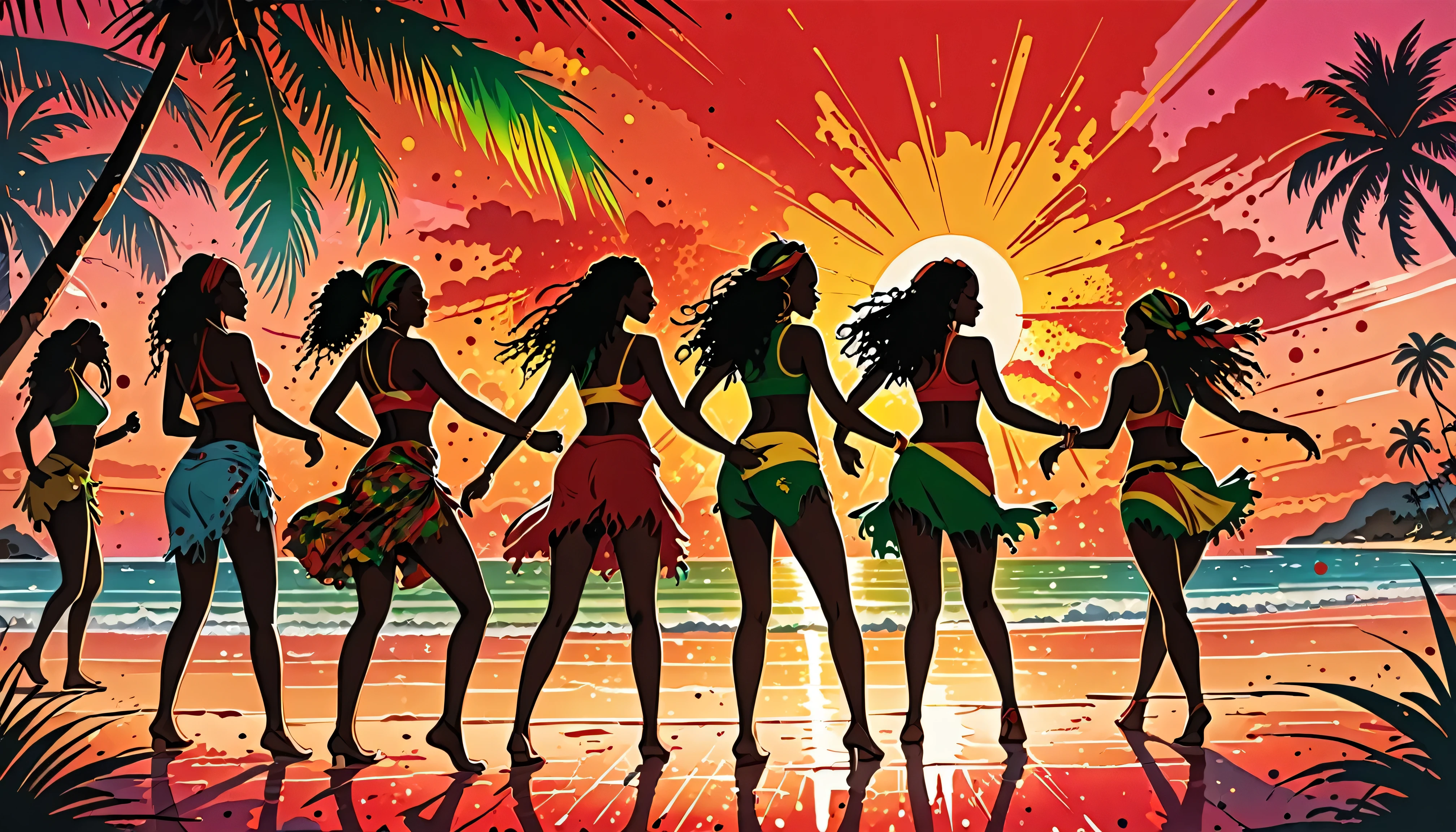 Vector art, Lots of Jamaican Reggae, Authentic Jamaican reggae music atmosphere，Color illustrations, in the center, Vibrant colors, Paint splatters and stains, High detail, 
bright red sunset,Palm tree,beach,Back view of dancing women