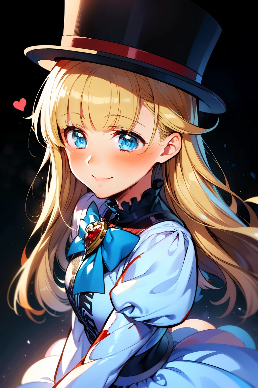 (1girl, solo), blonde hair, side ponytail, (blue eyes:1.5), long hair, (small breast:1.2), (hair ribbon, juliet sleeves, long sleeves, puffy sleeves, white dress:1.5, frills, top hat, black top hat, hat, hat flower,) looking at viewer, shaded face, smile, blush, blood, blood on arm, blood on face, blood on clothes, blood on hands, holding knife, knife, indoor, (masterpiece:1.2), best quality, high resolution, unity 8k wallpaper, (illustration:1.5), anime style, (beautiful detailed eyes:1.6), extremely detailed face, perfect lighting, extremely detailed CG, (perfect hands, perfect anatomy), (dynamic pose, dynamic angle:1.1), nadja, heart brooch, jewelry,