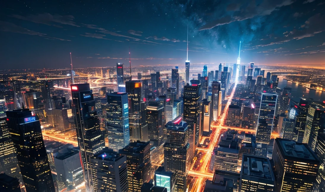 View from the airship cabin, Night view of skyscrapers, (Ultra-high resolution,8K),Fantasy, The world of picture books, (Highest quality), Super detailed, Outstanding Image, (Photorealistic)