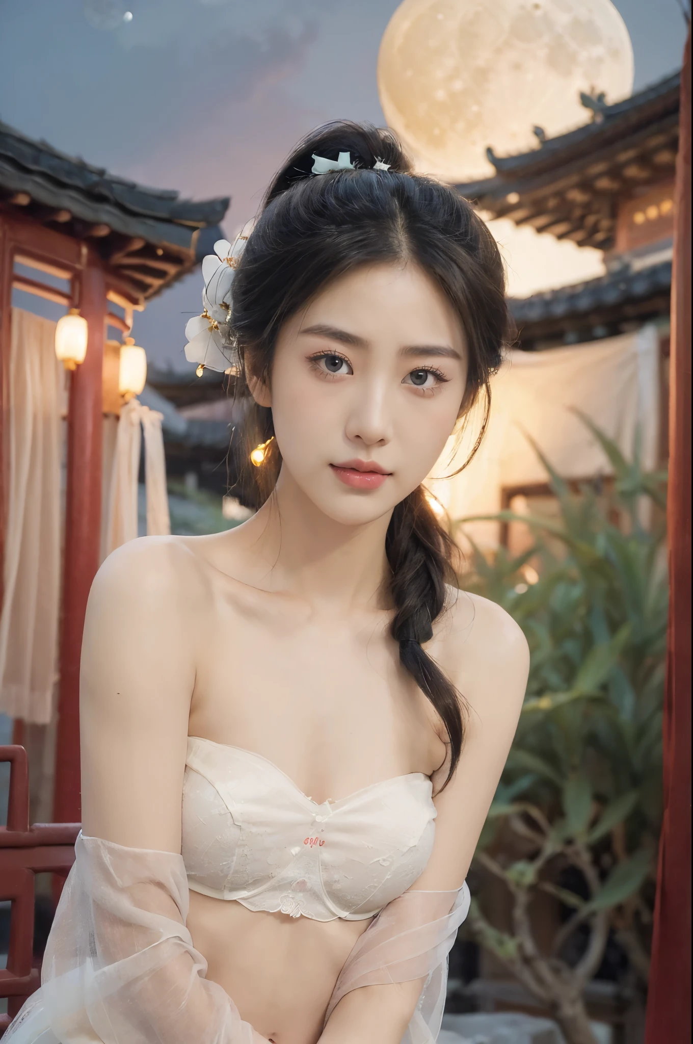 (((best quality))),(((ultra detailed))),(((masterpiece))),illustration,((1 beautiful girl,solo)),(short ponytail:1.2),((bright eyes,gentle smile)),((slim,thin)),((small breasts,flat chest)),(strapless white see through sheer bra:1.3),flowing fabric,serene demeanor,vibrant plants and trees,(Chinese-style architecture:1.3),tile roofs,intricate wooden carvings,rich and vivid colors,(serene glow of the moon:1.5),(((colorful clouds))),traditional Chinese garment,(((summer night,village courtyard))),((from front,close-up of face))