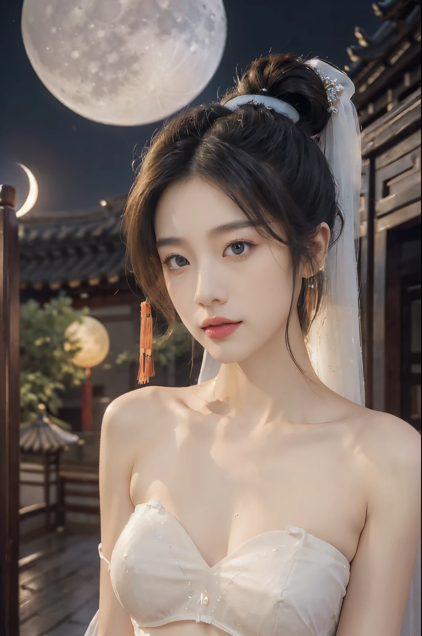 (((best quality))),(((ultra detailed))),(((masterpiece))),illustration,((1 beautiful girl,solo)),(short ponytail:1.2),((bright eyes,gentle smile)),((slim,thin)),((small breasts,flat chest)),(strapless white see through sheer bra:1.3),flowing fabric,serene demeanor,vibrant plants and trees,(Chinese-style architecture:1.3),tile roofs,intricate wooden carvings,rich and vivid colors,(serene glow of the moon:1.5),(((colorful clouds))),traditional Chinese garment,(((summer night,village courtyard))),((from front,close-up of face))