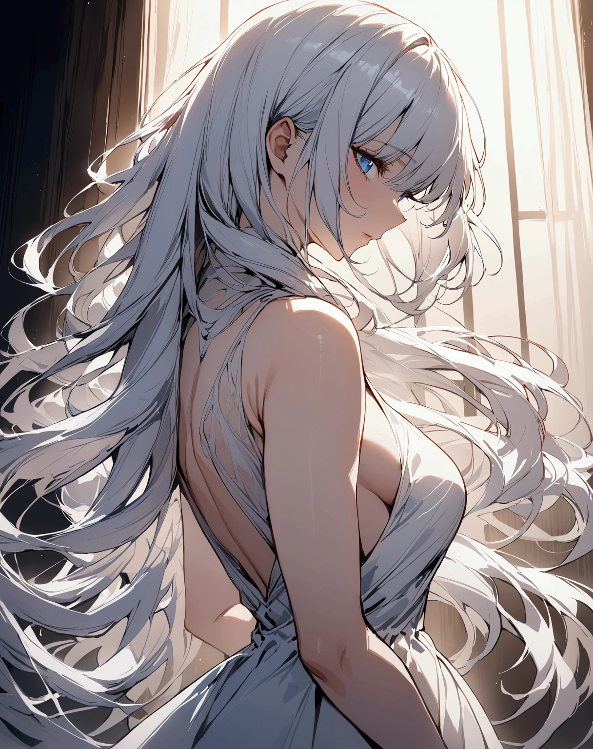 ((masterpiece)), ((best quality)), (from side1.32), (half-body shot:1.36), perfect anatomy, 1girl, solo, long white hair, flowing hair, blue eyes, white dress, dramatic lighting