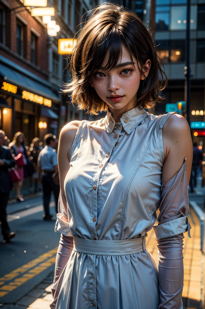 "Light Theme :: close up face focus, (8K、Raw photo、Highest quality、masterpiece:1.2)、(Realistic、Photorealistic:1.37)、Ultra-detailed、Ultra-high resolution、1 girl、Look Away、Beautifully detailed face、Laughter、narrow、(Slim waist) :1.3)、dress、shirt、Beautifully detailed skin、Skin Texture、short hair、Floated hair、Professional Lighting