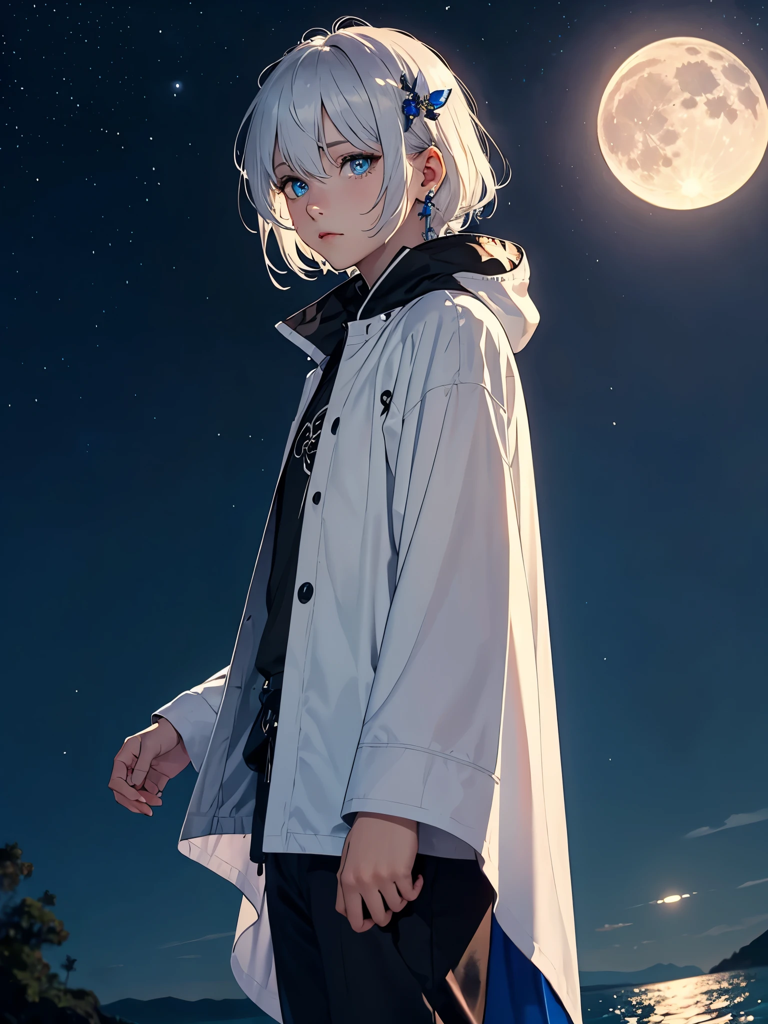 Moderne Jacke. LANGE HAARE!! Blaues licht. Lange haare. Leuchtend. Hell. Sterne. Sehr Lange haare. Mehr anime. aquatic, boy, Goddess of the Moon, silver hair accessories, White hair, White dress, cape, at night, saturated colors, light eyes, bright, light blue light, blue eyes, Jewelry silver, bluish light, Full moon in the background, aquatic in der Luft rosa kerzen