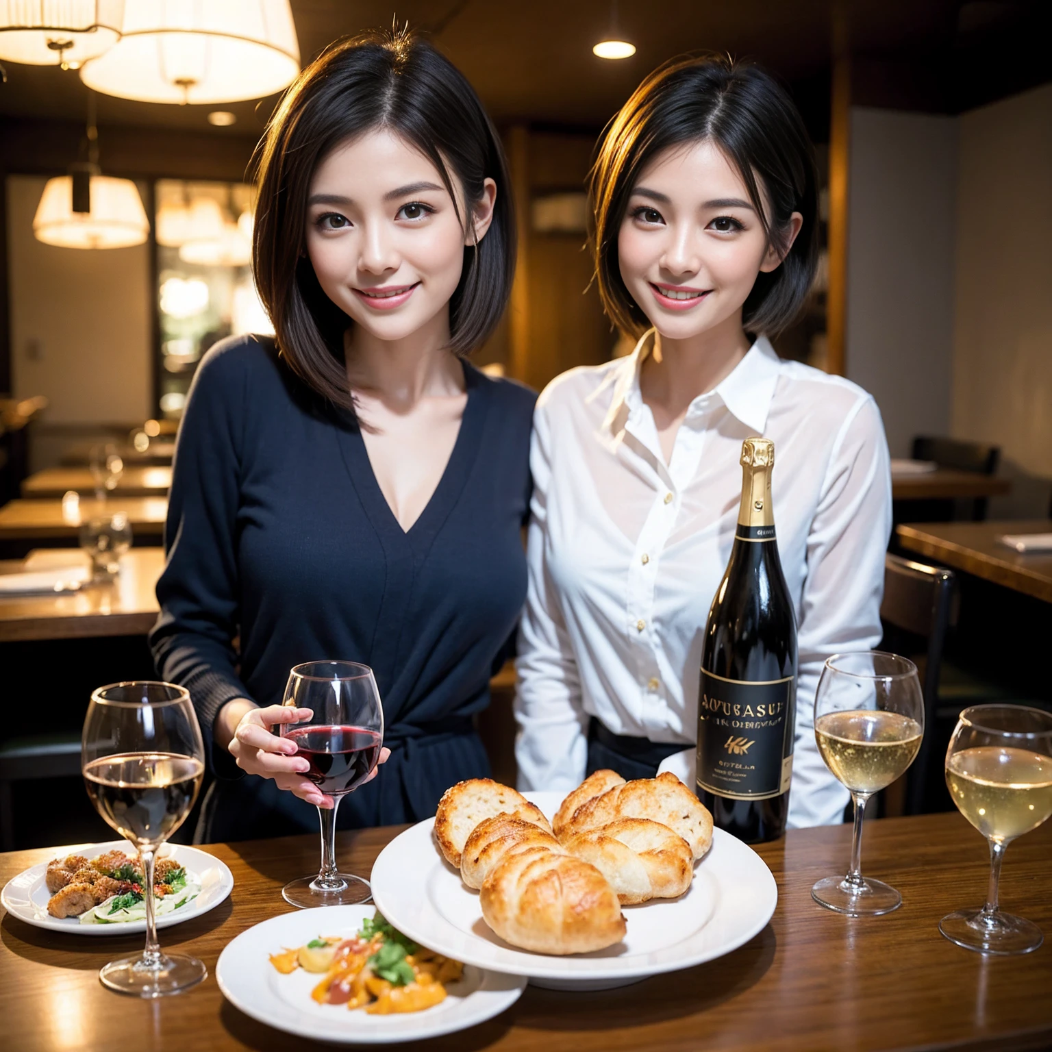 ((Highest quality、8K、masterpiece:1.3))、Shortcuts、cute、slimカップル、modelカップル、actress男優、(Realistic, Intricate details:1.2), full-course dinner、Wine Party、Amazing view of the sunset sky and clouds、A bright smile、short hair,Bright Face、 (Age 45), 42 years old, red wine 、Appetizers、Italian food、Wine bottle、Champagne、sparkling wine、Two beauties、Brown Hair、Shortcuts、Long sleeve shirt、dress、Beautiful woman 1, (slimな顔), (The body is slim), (Brown Hair), (Shortcuts), cheeks turn a little red,Attractive beauty、restaurant, In a prominent place (From the waist up) Nova Frog Style, actress, model, Upper Body, White wine, slim, wine glass, 中央に置かれたwine glass, smile, (smile: 1.15), Beautiful fine grain, Depth f/2,saturation, High Contrast, Strong light and shadow,Moist Body:1.5、3D texture、Delicate eyes、Brown Hair、The hair is very shiny、