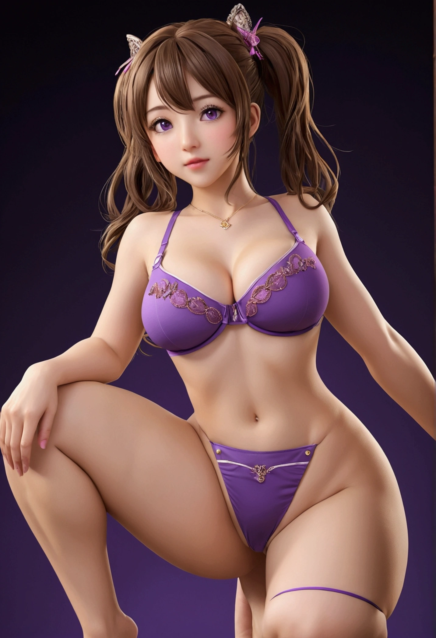 highest quality, Ultra-detailed, High resolution, 8K images), ((purple thong)),((purple bra)),((show your butt hole)), ((stick out butt)),((Squat with your crotch wide spread)), Detailed and beautiful eyes,perfectly proportions,(Overflowing big breasts),(Angle from behind that shows the whole body), A very beautiful and cute girl,22 years old,(anime),kamimei, pitch black background,solo,Brown Hair,Symmetrical,full body