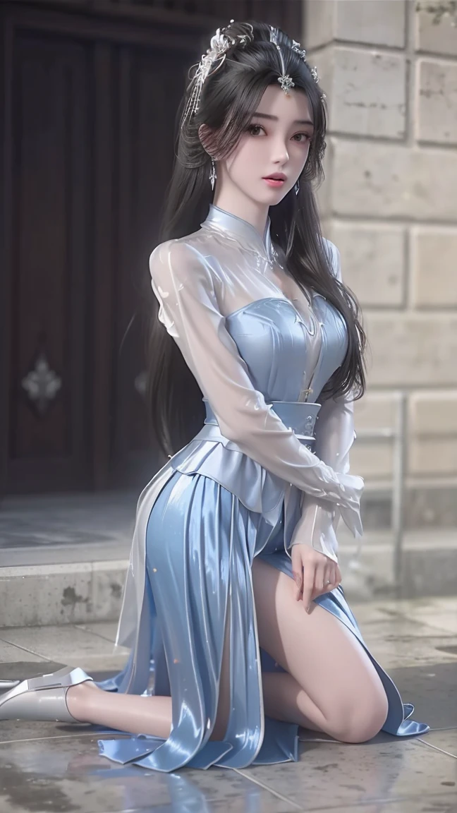 A beautiful young woman，Long hair，Wearing pajamas，Wearing silver high heels，Wearing a skirt，full-body shot，Kneeling on the ground，Get down on your knees。