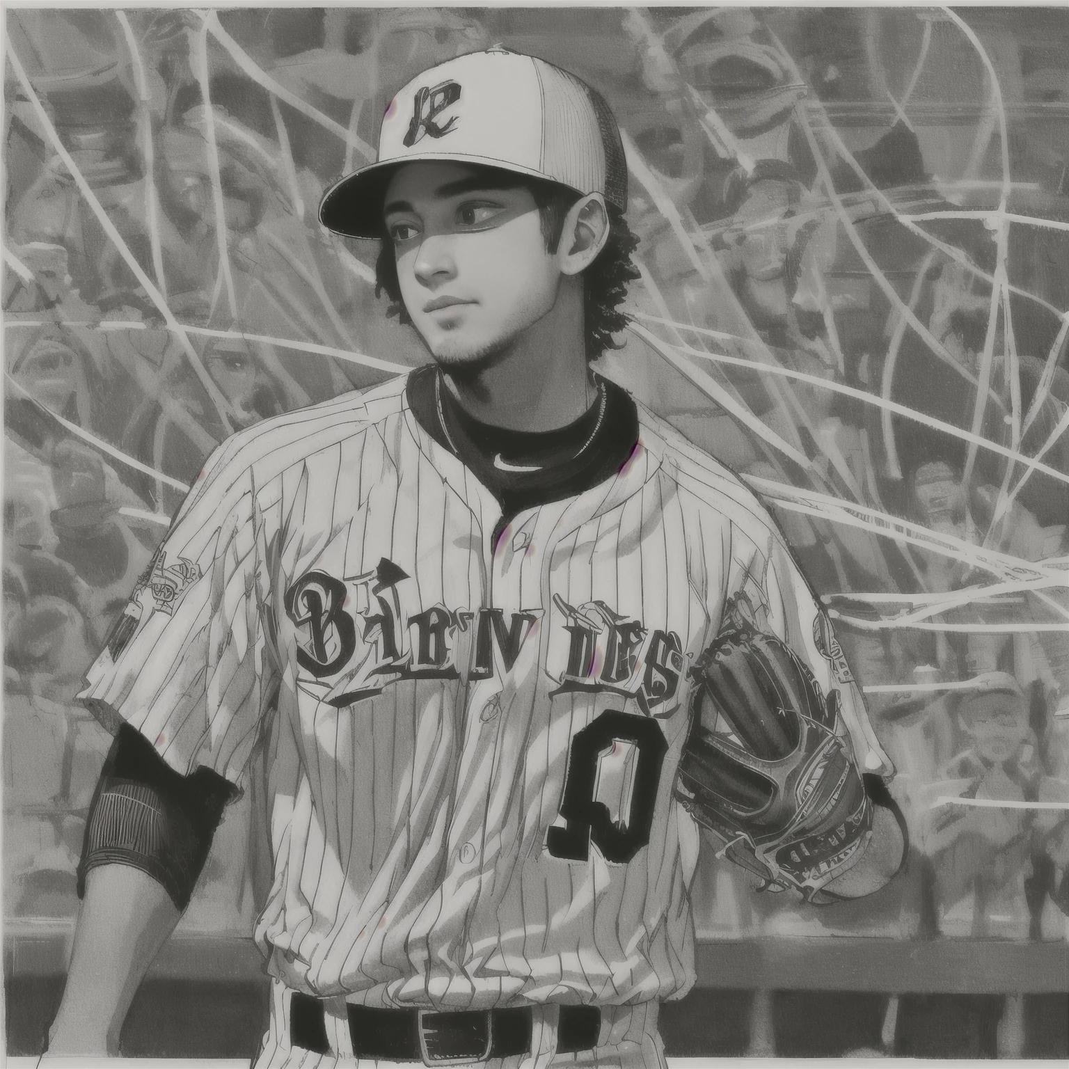 Baseball Player, wearing a jersey and cap, during the game, line art drawing, rough sketch, bold lines, 