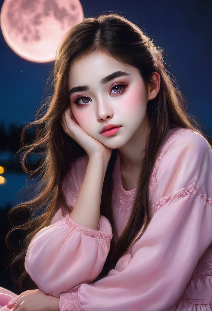 Teenage girl, black eyes, long hair, , one person, thin pink lips, curled eyelashes, round eyes, flat expression, sweet face, sitting position, Evening, Bright moon background,