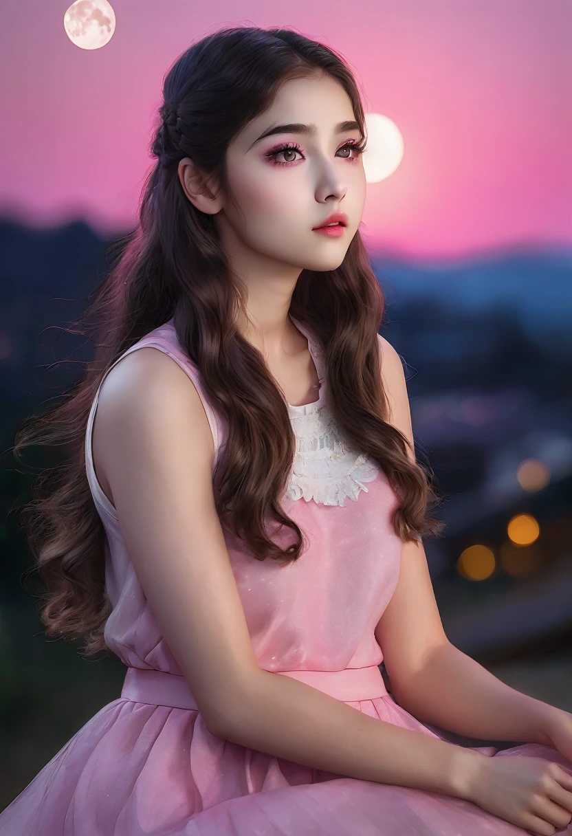 Teenage girl, black eyes, long hair, , one person, thin pink lips, curled eyelashes, round eyes, flat expression, sweet face, sitting position, Evening, Bright moon background,