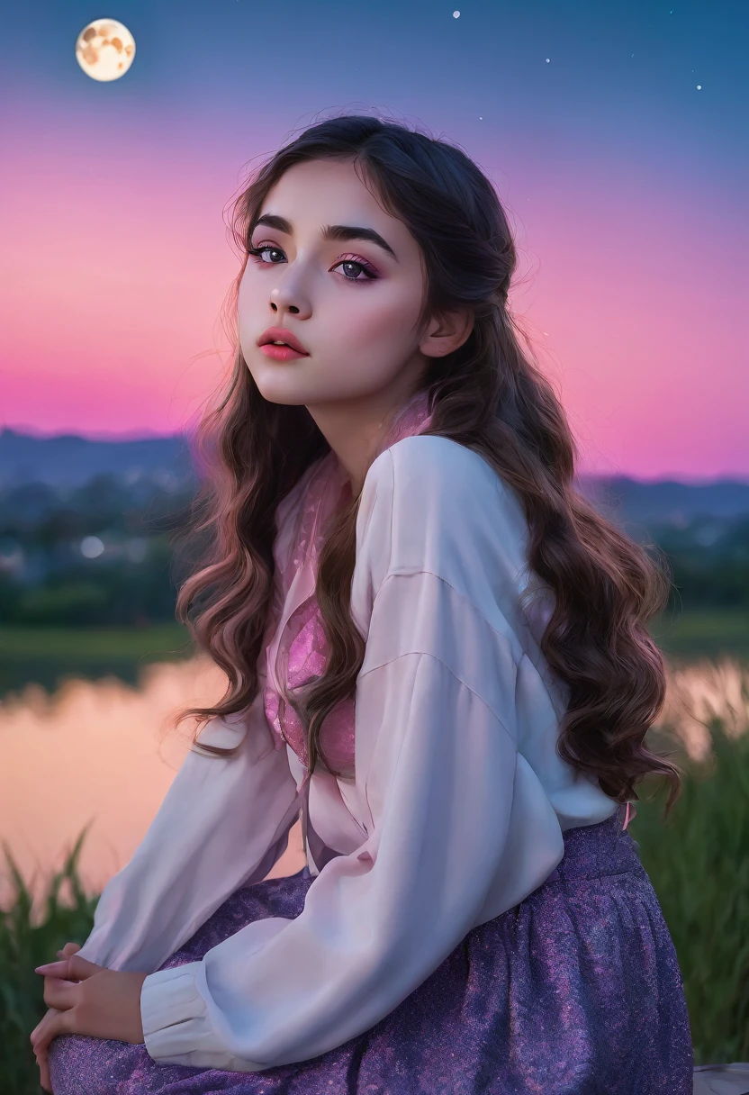 Teenage girl, black eyes, long hair, , one person, thin pink lips, curled eyelashes, round eyes, flat expression, sweet face, sitting position, Evening, Bright moon background, 