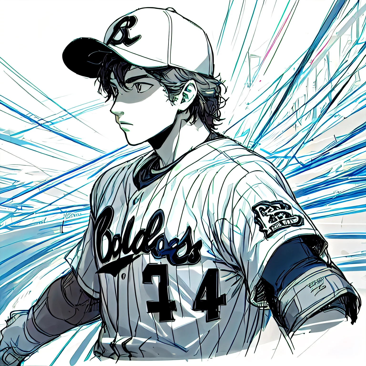 Baseball Player, wearing a jersey and cap, during the game, line art drawing, rough sketch, bold lines, 